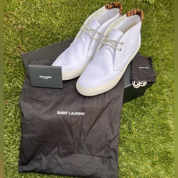 NEW Saint Laurent Paris Ace Mid Top Sneaker White Canvas Suede Leopard Shoes 41 - Picture 1 of 14